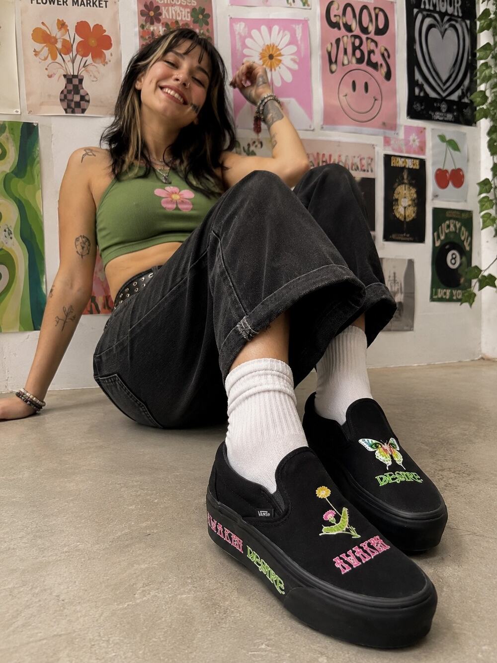 Vans Platform Slip-On Blk Awaken Desire Glow/Dark Butterfly Moth Floral Shoes 8
